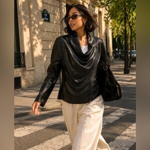 Blank NYC  Black Croc Embossed Draped Faux Leather Jacket Moto Size XL Luxury